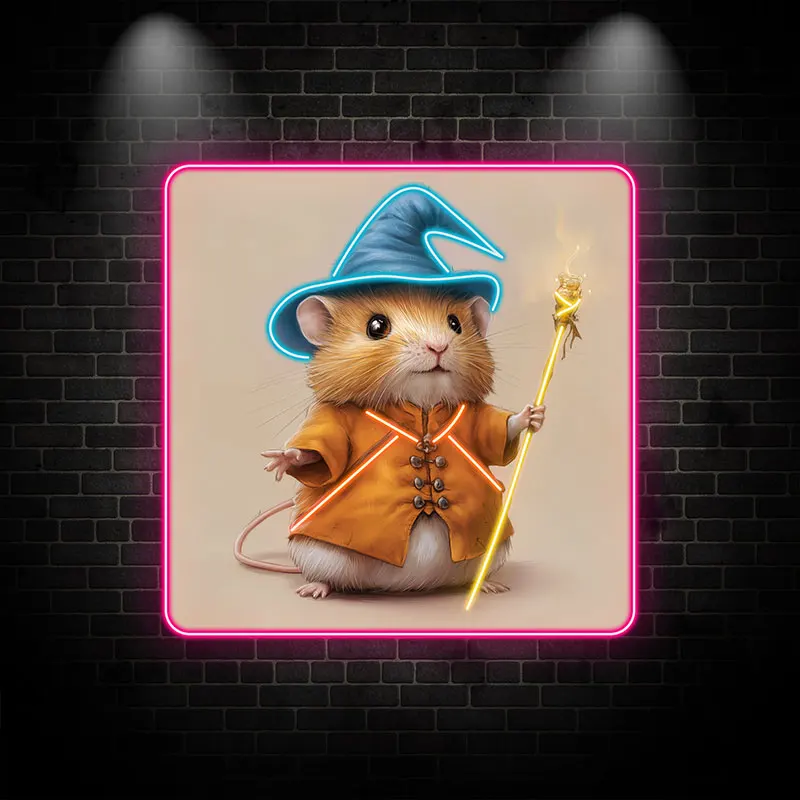 Toysign Wizard Hamster Neon LED Poster - Fun Fantasy-Inspired Wall Art with Glow Effect, Great Decor for Nursery or Game Room