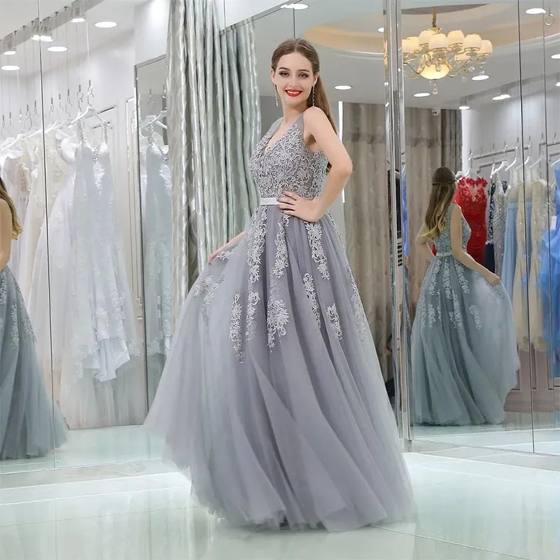 Elegant A-Line Formal Evening Dress Sleeveless Silver Tulle Bride Long  Gowns Appliques Lace Prom Party Dress