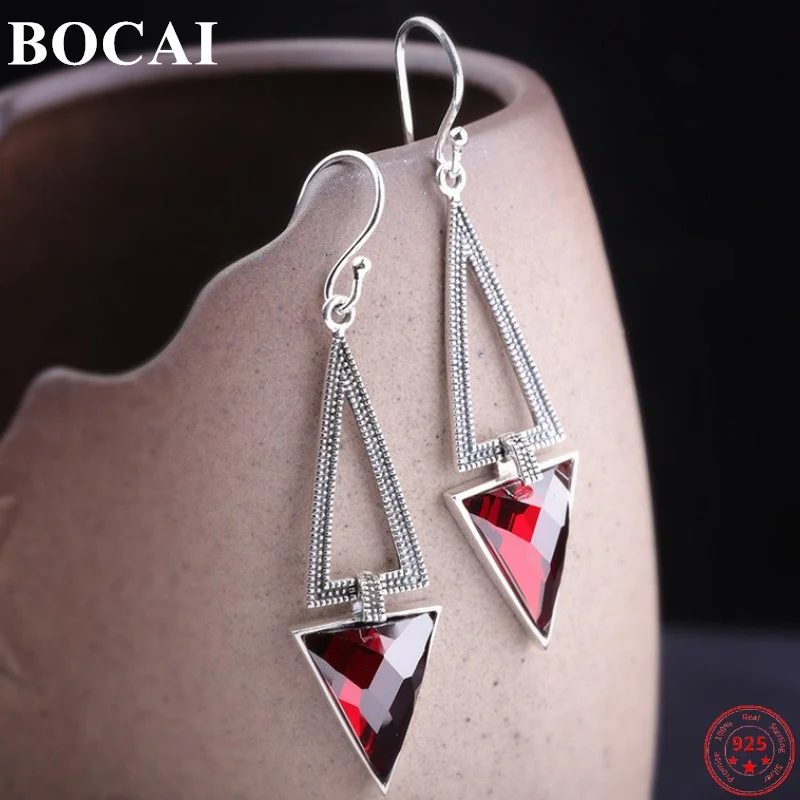 

BOCAI S925 Sterling Silver Earrings 2022 New Fashion Temperament Pop Garnet Chalcedony Red Corundum Ear Drop Jewelry for Women