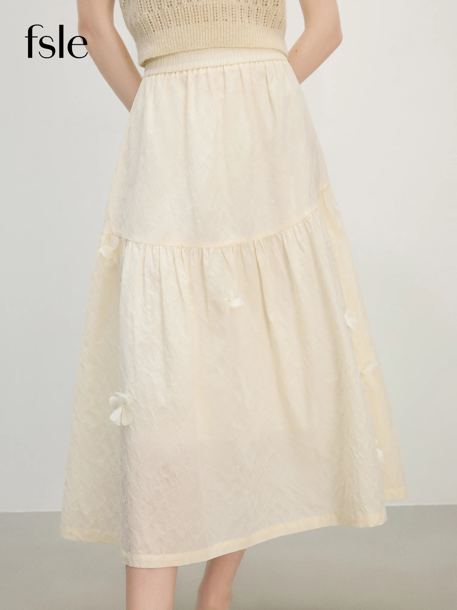 FSLE 2025 Summer 3D Floral Beaded Midi Skirt - Tapered A-Line Silhouette & Artisanal Lace Trim for Elegant Occasions