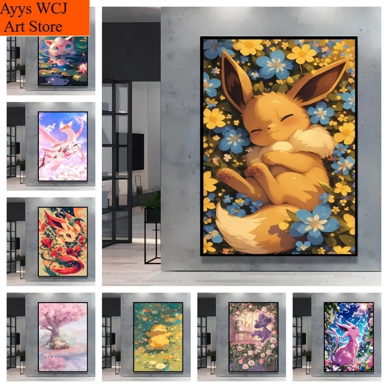 Pintura en lienzo sin marco, póster de Anime clásico japonés de Pokemon Eevee, impresiones de personajes de dibujos animados, pintura en lienzo para sala de estar, 1 ud.