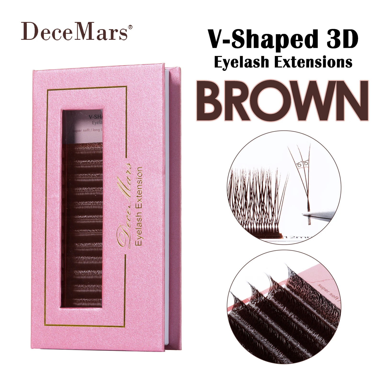 DeceMars V-förmige 3D Braune Wimpernverlängerungen 12 Reihen/Tray für Make-up
