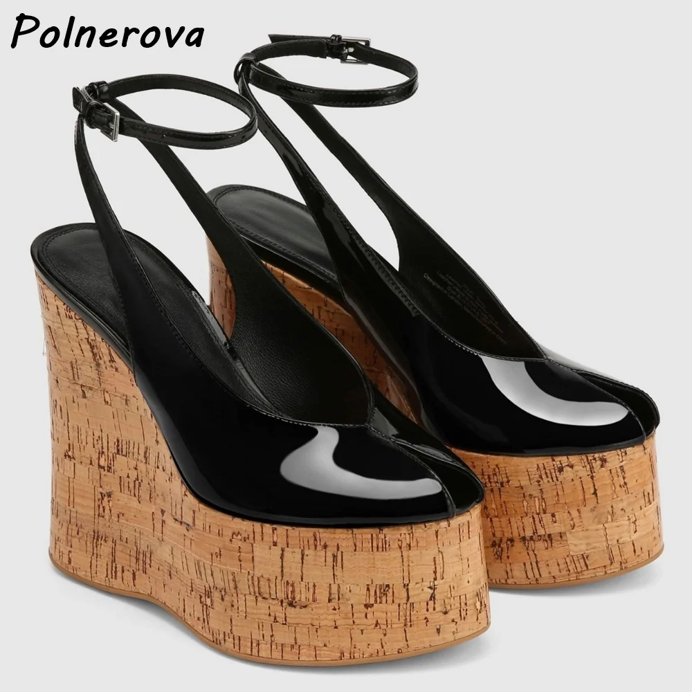 Patent Leather Wedge Platform Sandals Peep Toe Ankle Strap Cork Pattern Solid Black Shoes Slingback Summer Women Y2K Shoes view 2