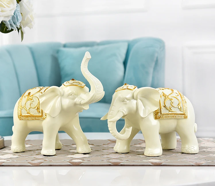 Une paire-centrepôt affaires salon chambre ornement mascotte préliminaires argent bonne chance bon augure éléphant thaïlandais FENG SHUI art