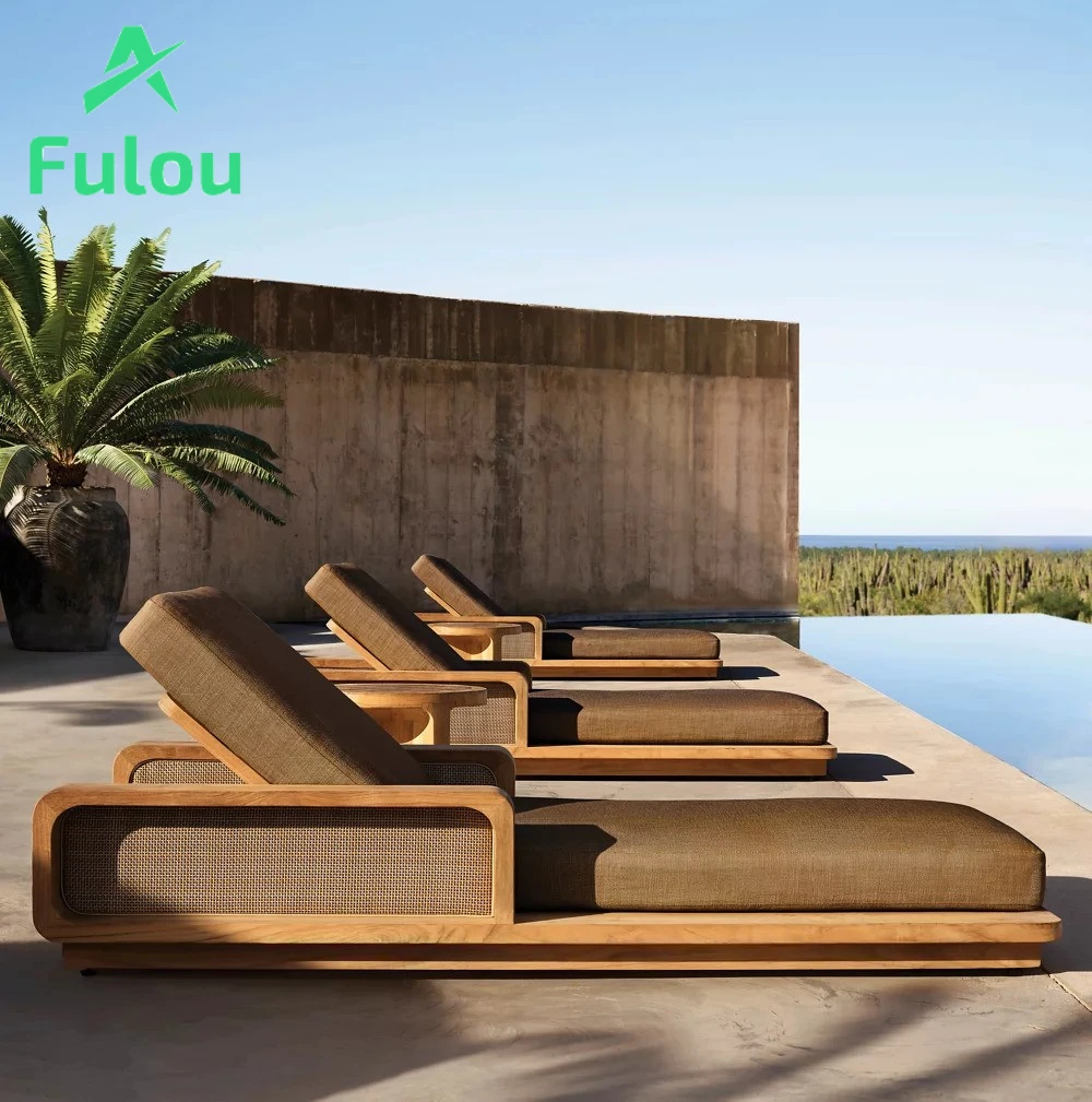 Hotels Outdoor Teak Recliner Chaise  Sun Lounger Fabric Cushion Lounge for Garden Patio Villa Swimming Pool Sand Application