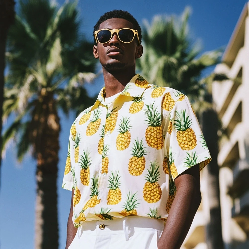 Fashionable printed men's short sleeved shirt, 3D printed pineapple pattern men's top, high-quality men's clothing