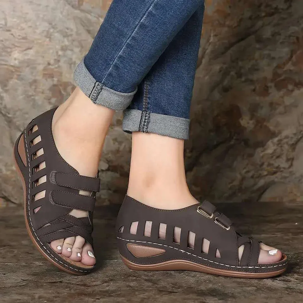 Women Sandals Open Toe Hollow Wedges Fashion Summer Shoes Solid Hook Loop Comfy Simple Casual Ladies Shoes Daily Walking Sandals