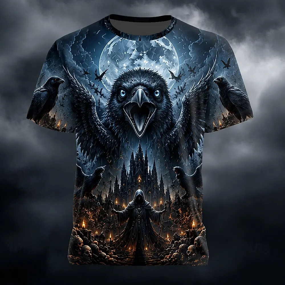 Men's Spring Summer 3D Printed Crew Neck T Shirt, Full Moon Crow Castle Wizard Dark Gothic Halloween Graphic Top