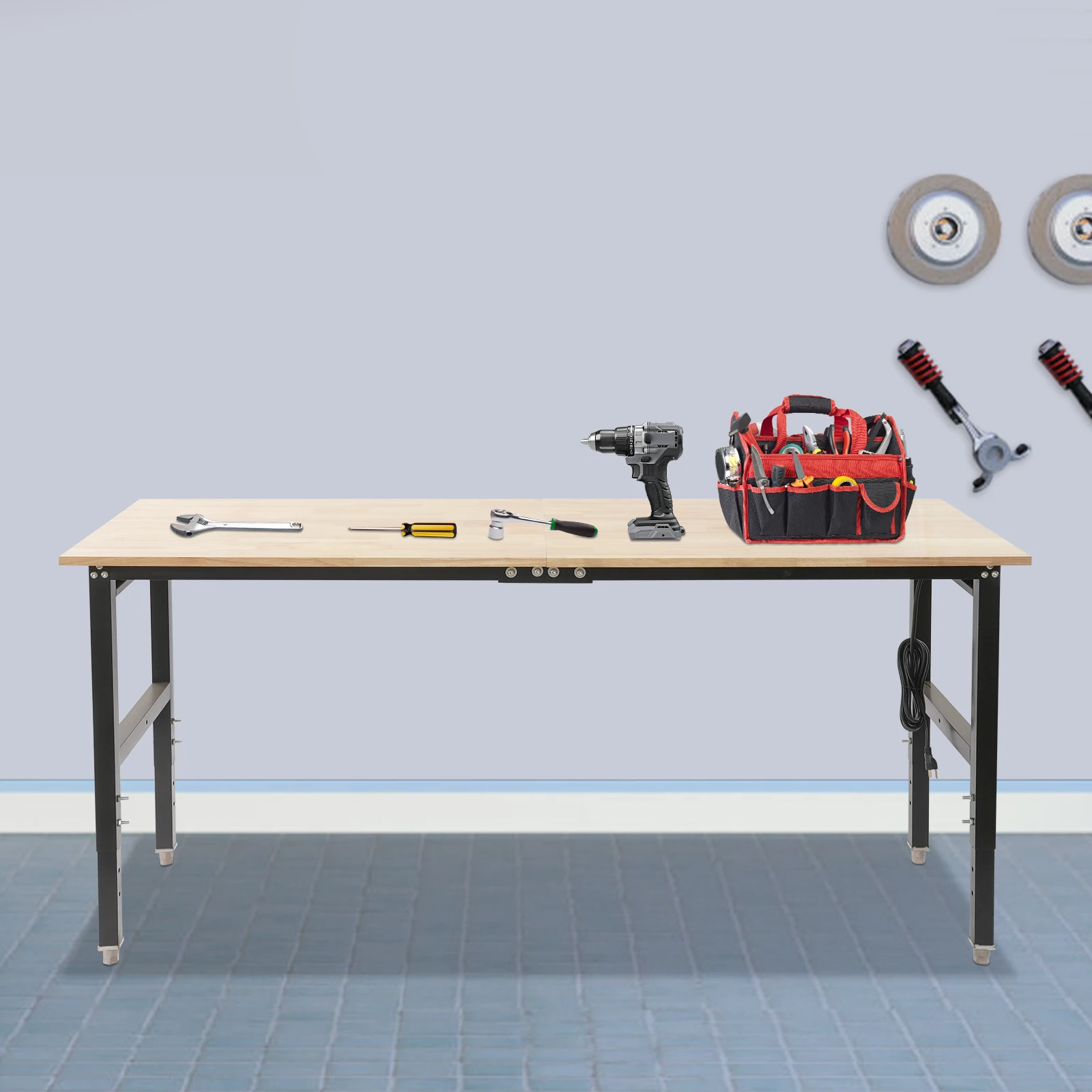 Adjustable Workbench with Power Outlets, Heavy-Duty Work Table 3000 Lbs Capacity, Workbench Woodworking Tool 72x25 Inch Desktop