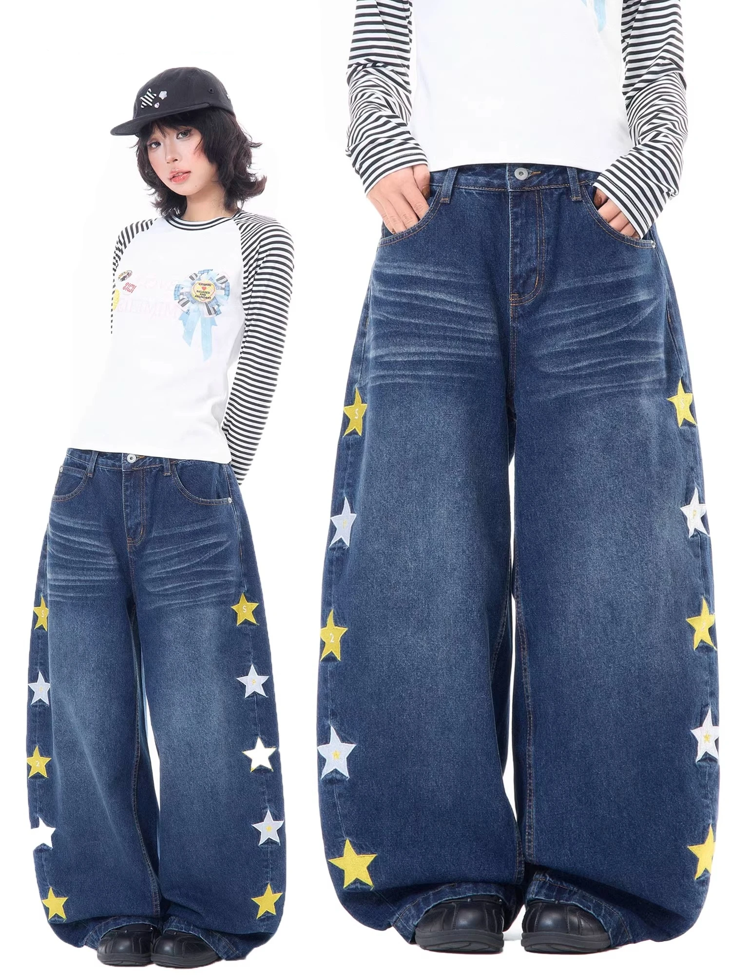 

American Design Star Embroidery Wide Leg Knife Jeans Men's Loose Casual Trendy Straight Leg Long Pants