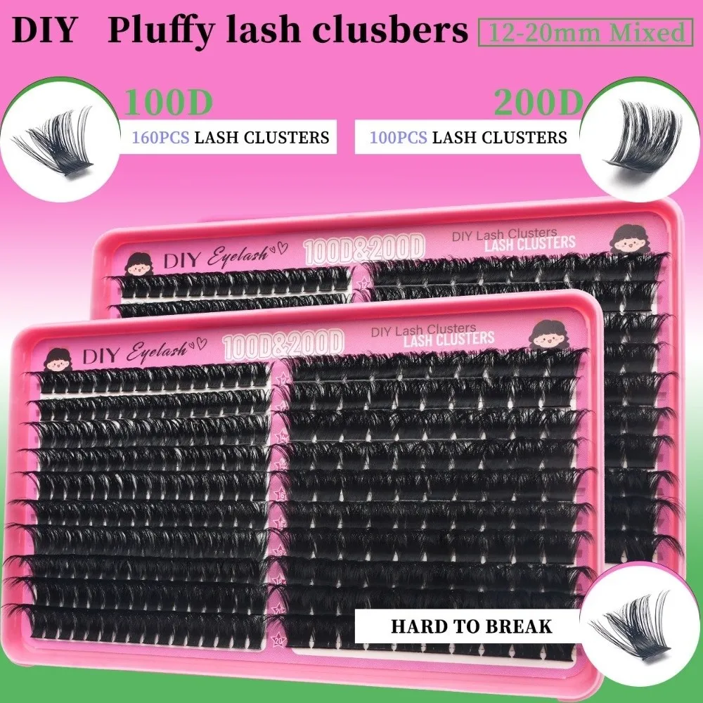 High Simulation False Eyelashes 100D+200D Density 12-20mm Length Eyelash Extension Segmented Design Cluster Lashes