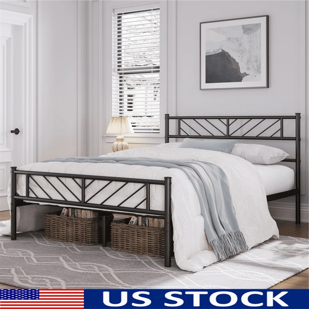 

Queen Size Metal Platform Bed with Arrow Design Heavy Duty Slat Support Modern Minimalist Style No Box Spring Needed 750lb