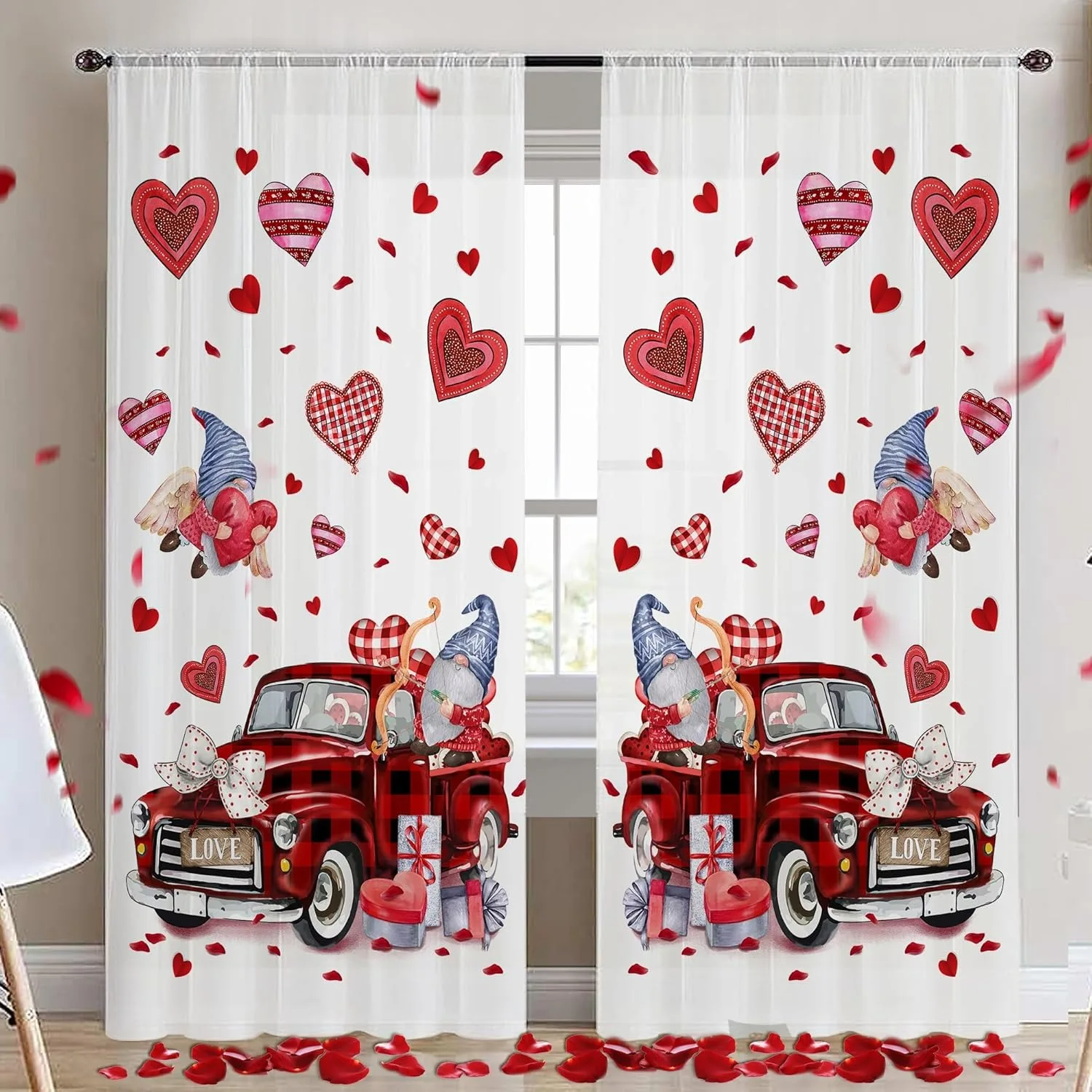 2-piece Curtain Valentine’s Day Balloons Print Head Flat Sheer Curtains for Living Room Bedroom Home Decoration Red Heart Favor