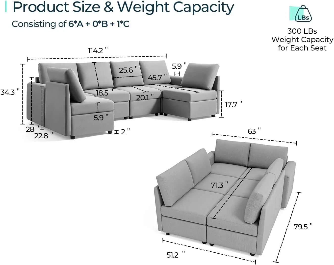 HOME Modular Sectional Sofa, Convertible U Shaped Sofa Couch with Storage, Memory Foam, Modular Sectionals with Ottomans,