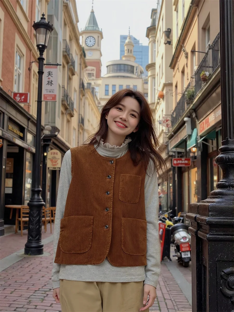 Damskie kamizelki oversize brązowe luźne jesienne grube w stylu old money eleganckie bez rękawów proste klasyczne wytworne modne damskie