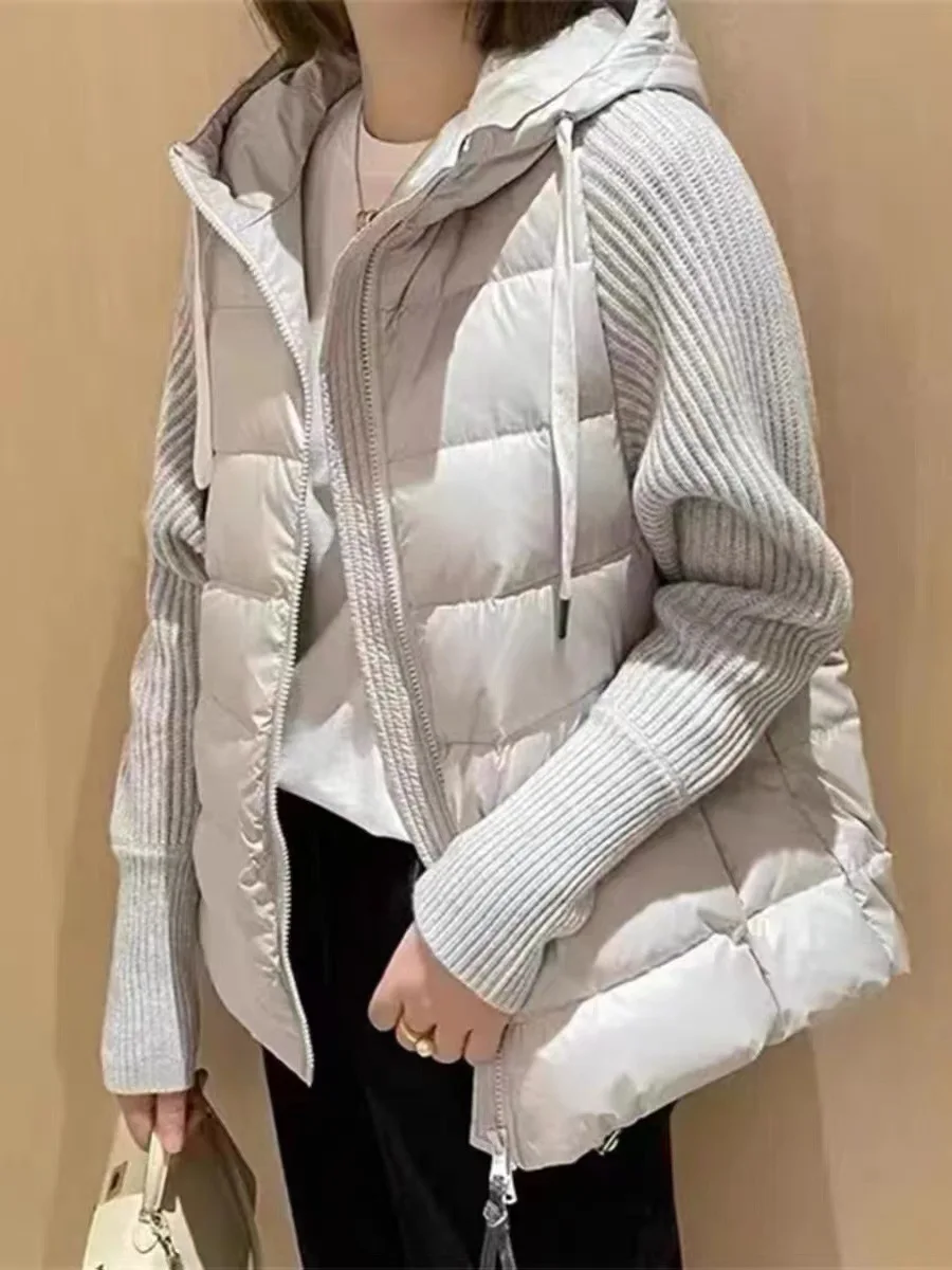 

New 90 White Duck Down Fashion Hooded Down Coat Women's Short Knitted Spliced Fake Two Piece Coat Female Solid Color Down Jacket