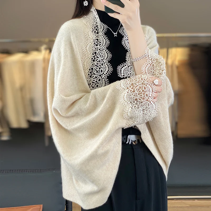 Popular Lace Edge 100% Wool Knitted Shawl Spring Autumn Thin Women\'s Soft, Skin friendly, Breathable, and Fashionable Cardigan