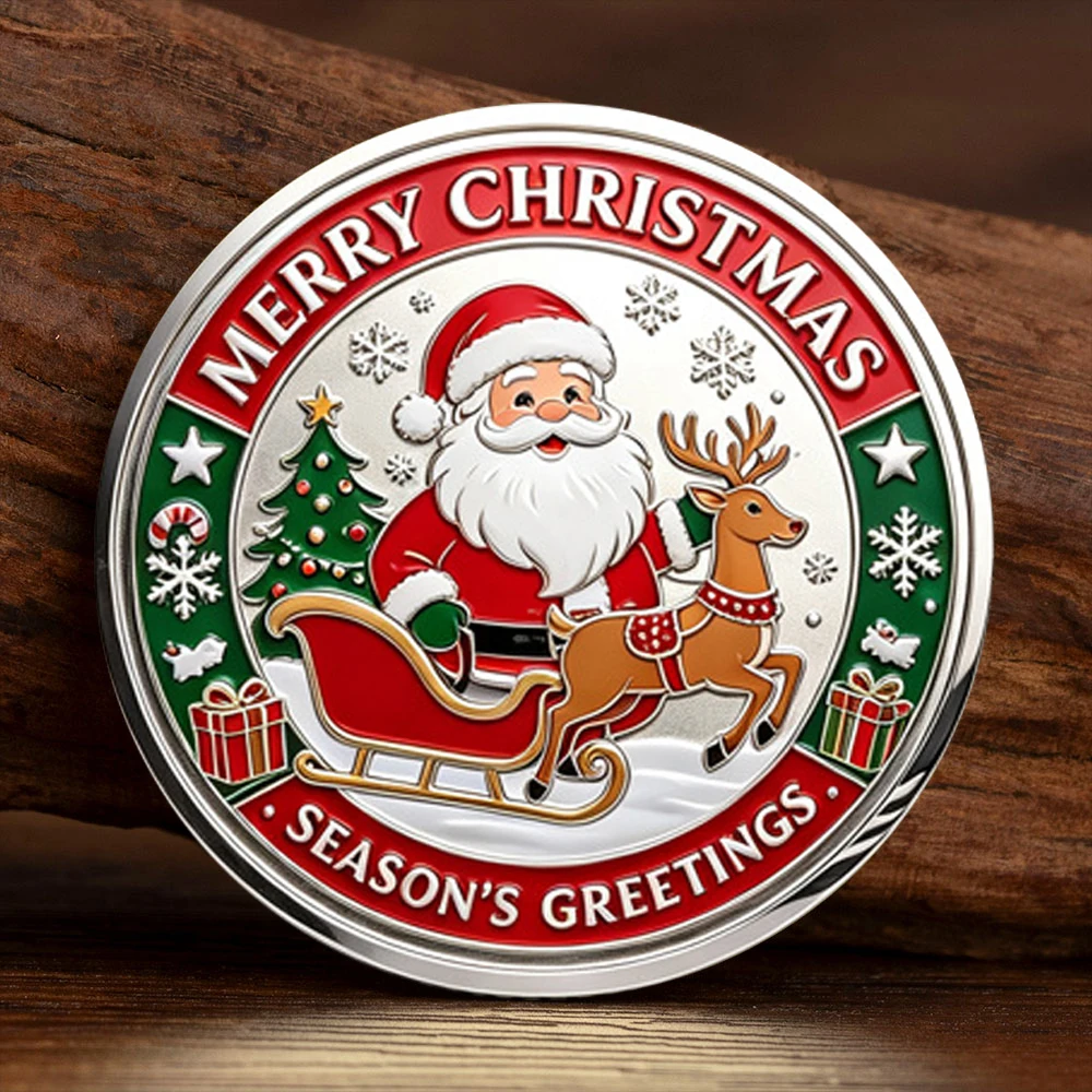 Christmas Santa Sleigh Elk Souvenir Coin Silver Plated 2D UV Season Greeting Collection Coin Xmas Holiday Present