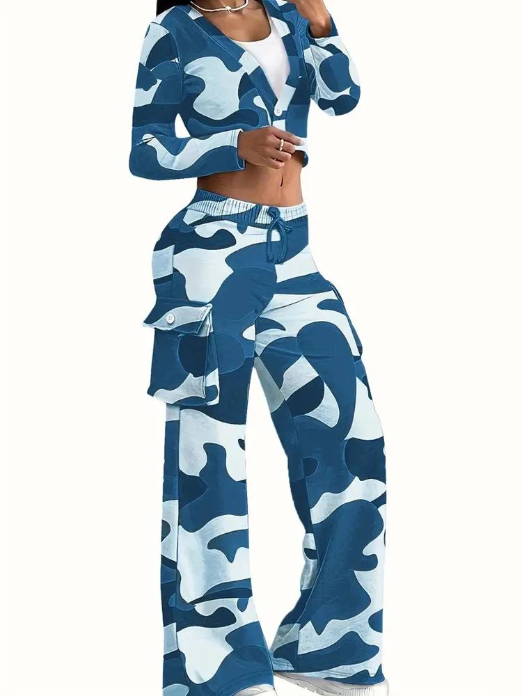 Camo Print Cargo Pants Sets Sexy Crop Tops & Elastic High Waist Wide Leg Trousers Damski dwuczęściowy zestaw Casual SweatOutfits