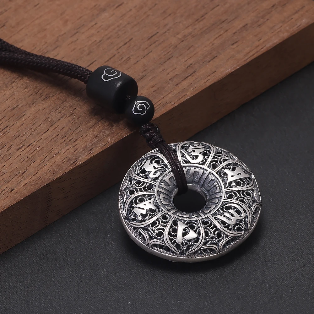 925 스털링 실버 육자진언 목걸이 남성용 원형 펜던트 브라운 로프 빈티지 종교 장신구