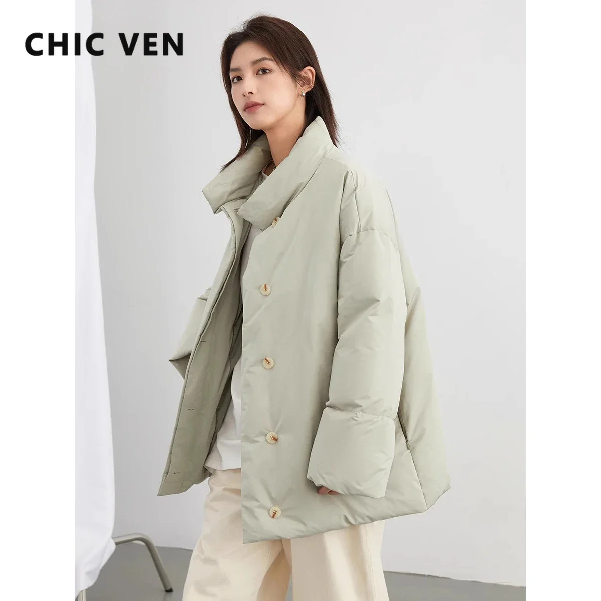 CHIC VEN Korean Women Down Coats Casual New Stand Up Collar 90% Duck Down Jacket Loose Girls\' Jacket Autumn Winter 2023 Female