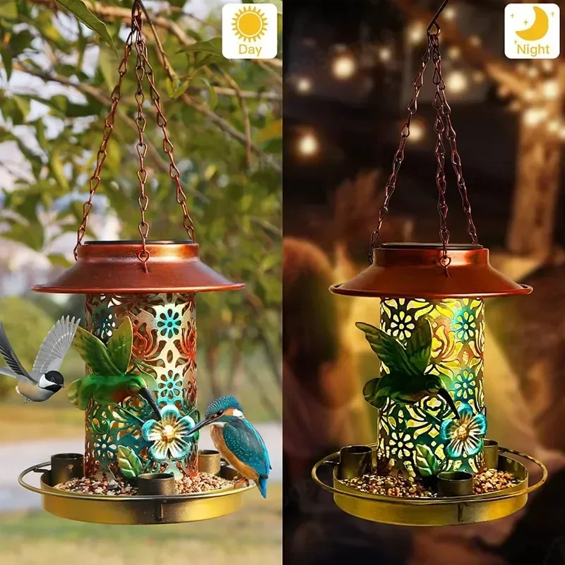 Solar Hummingbird Bird Feeder Painted Outdoor Garden Hanging Feeding Lighting Decoration