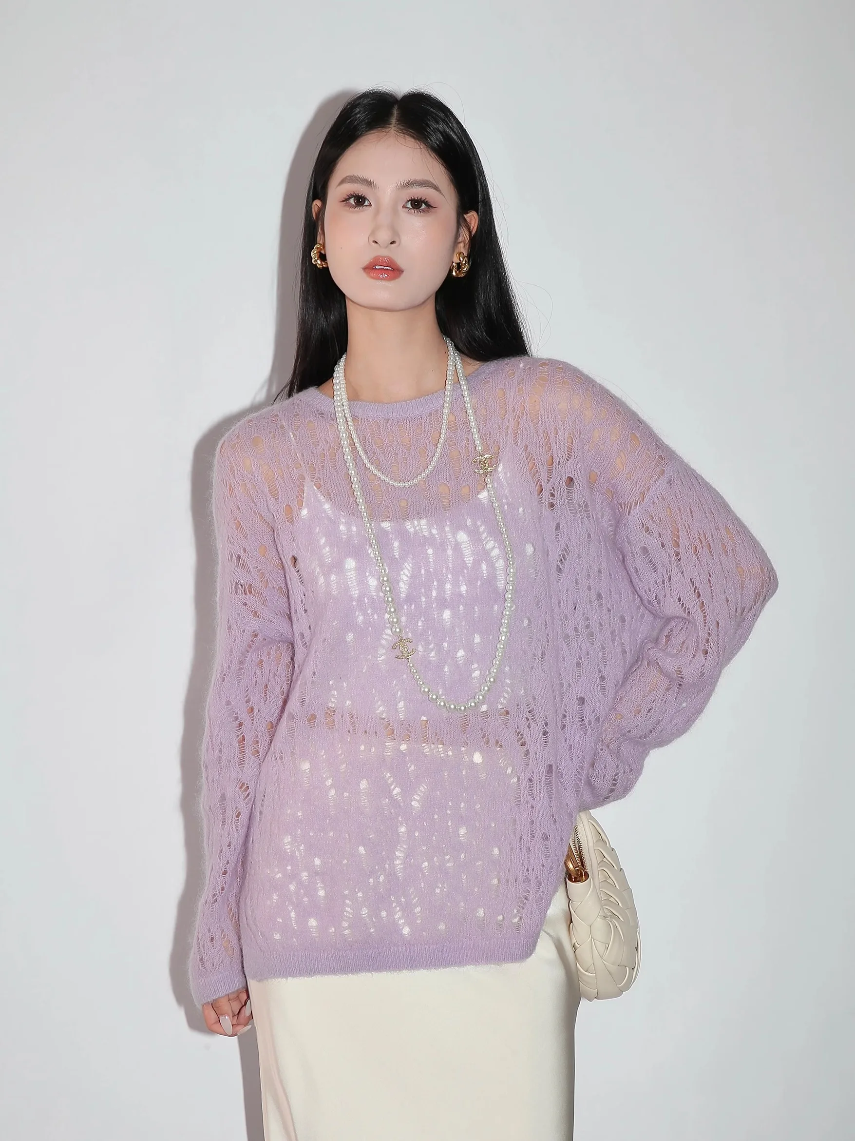 

imaneine Women's Knitted Hollow out Loose Fit Camere Sweater Soft Fine Wool Casual Sle round Ne Long Sve Top