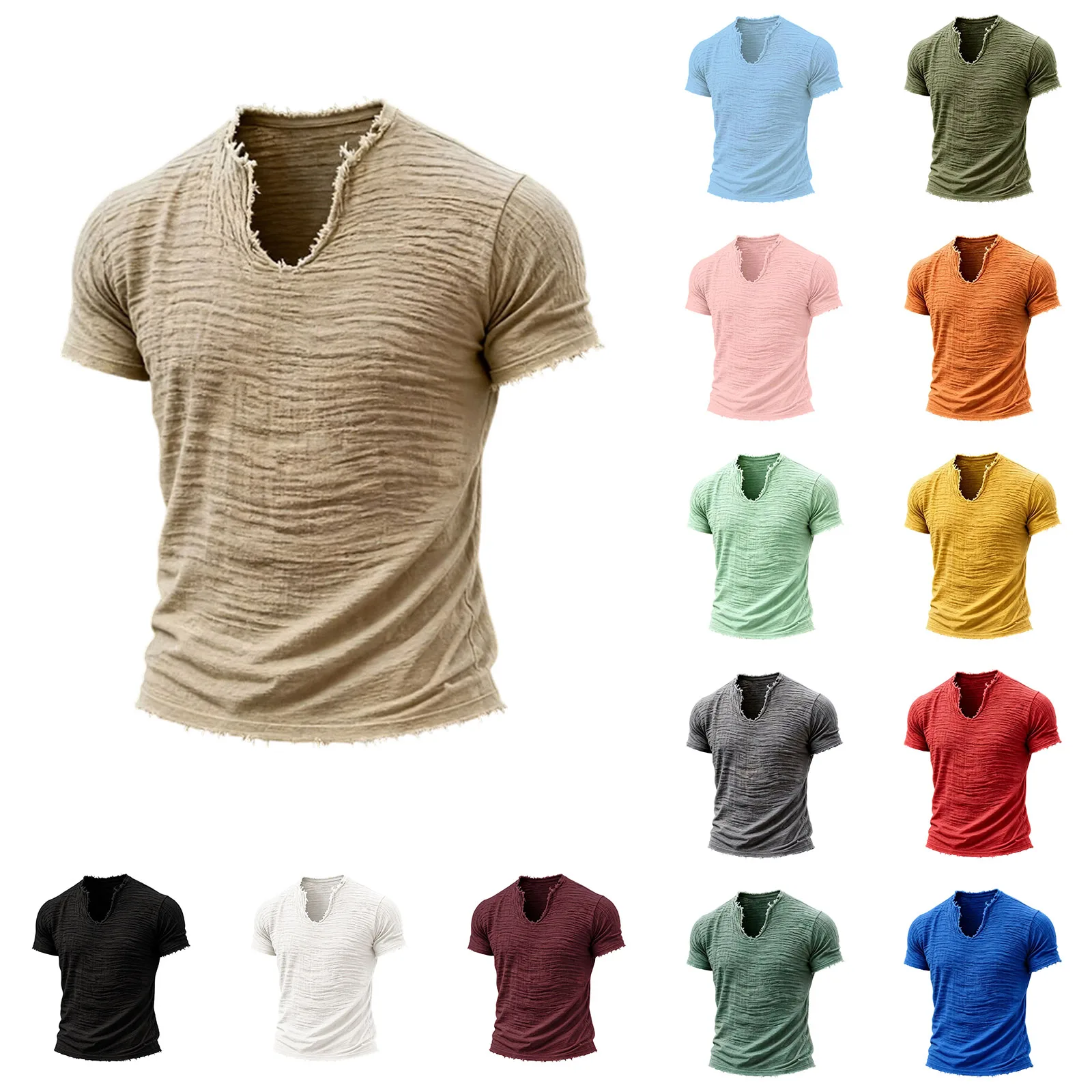 Image of Herren-T-Shirt aus 100% Baumwolle, Vintage-Stil, mit Fransen, einfarbig, V-Ausschnitt, kurze Ärmel, schlicht, weich, für den täglichen Gebrauch, große Größen, lässige Oberteile.