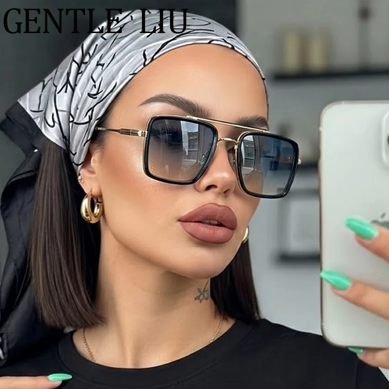 

Square Steampunk Sunglasses Women Big Frame 2026 Luxury Designer Trendy Double Bridge Oversized Metal Sun Glasses Eyewear Shades