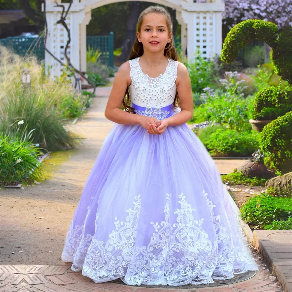 

Diamonds Princess Flower Girl Dress Sleeveless Bow Floor Length Classic Formal Piano Performance First Communion Dresses