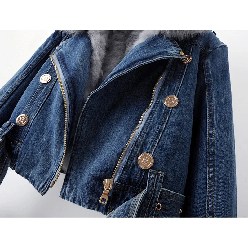 Winter Dicke Echt Fox Pelz Kragen Kaninchen Fell Denim Jacke Saum Gürtel Zipper Frauen Cowboy Oberbekleidung Lose Kurze Jeans Jacke Weibliche