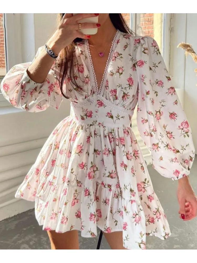 

Sweet And Elegant V-neck Lantern Sleeve Dress Women's Autumn Fashion Flower Printing Lace Wrinkled Waist Mini Dresses Female