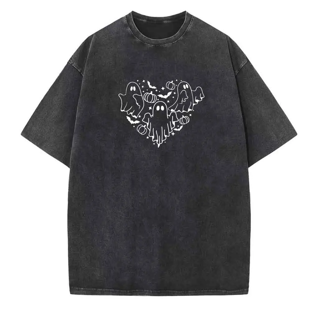 Ghost Heart Cotton Oversized Shirts Vintage Short Sleeve Summer 2024 Harajuku Boo Halloween Printing Unisex O-Neck