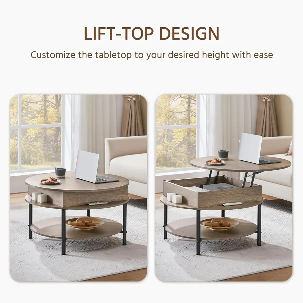 طاولة قهوة مستديرة قابلة للرفع مع حجرة مخفية ورف تخزين، طاولات مركزية لطاولة القهوة في المزرعة مقاس 31 بوصة، طبقتين صغيرة
