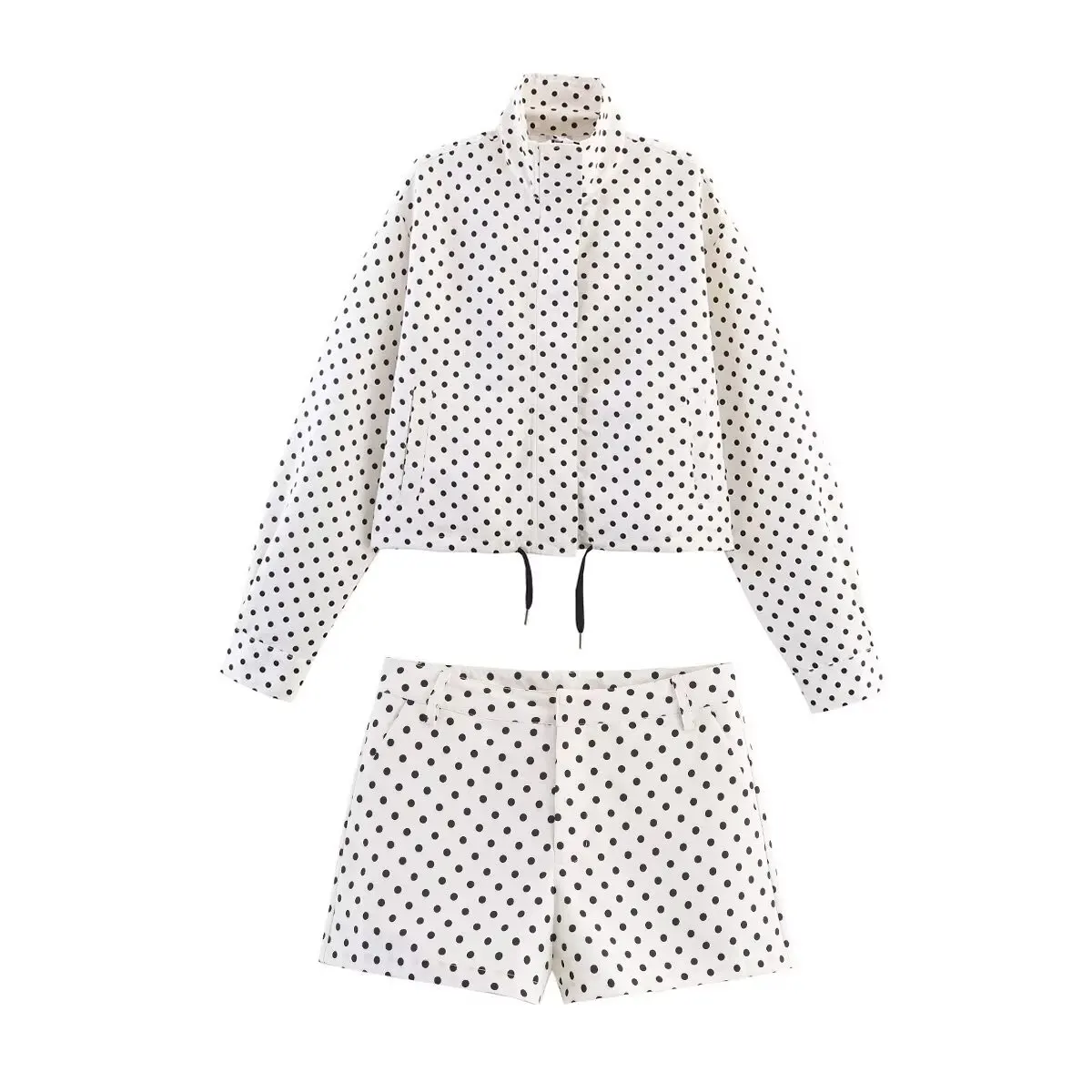 HH Weibliche Herbst Mode Polka Dot Gedruckt Set Lange Ärmel Rollkragen Kordelzug Jacke + A-line Shorts frauen Vintage Anzug – Detail 3