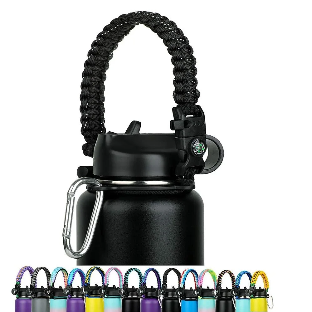 Paracord Water Bottle Handle Fits Wide Mouth Bottles 12oz to 64oz Durable Paracord Carrier Strap Cord with Safety Ring,Compass