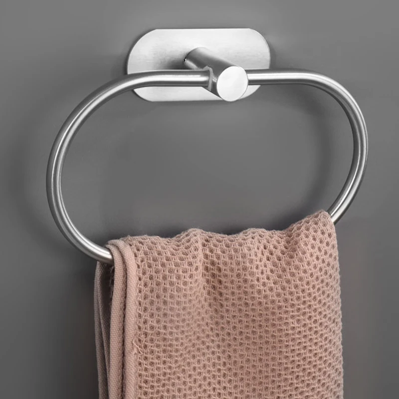 Stainless Steel Towel Holder Self-adhesive Bathroom Towels Rack Black Washhand Hanger Ring Rail Bar Kitchen Storage Accessories
