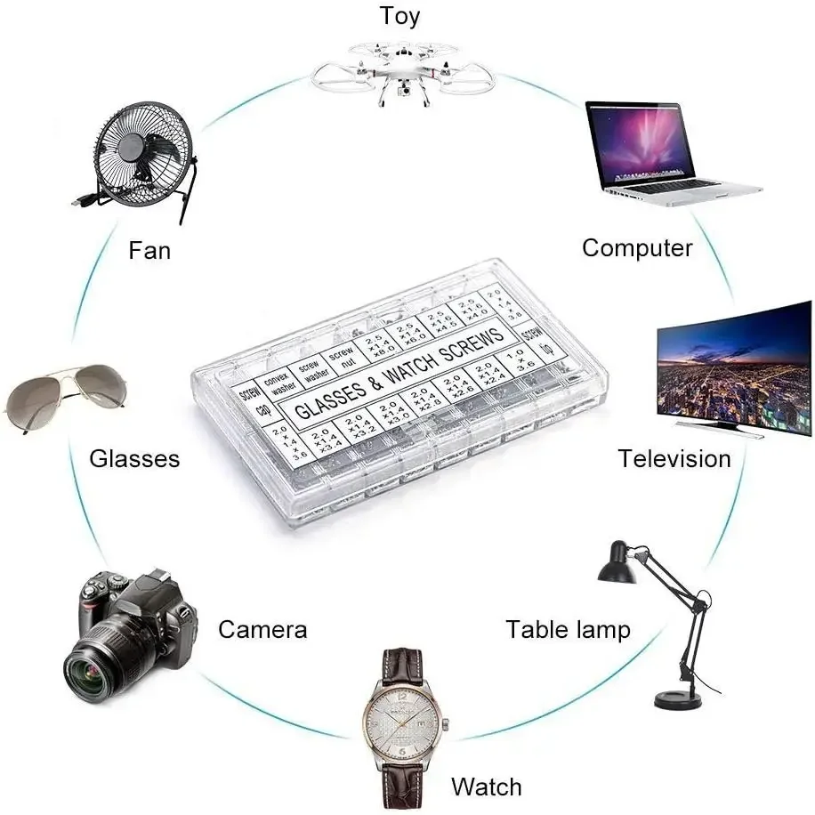 18 نوعًا في مجموعة أدوات إصلاح النظارات المعبأة في 1 تتضمن المسمار والمكسرات والغسالة وأغطية فاصل للإصلاح الدقيق