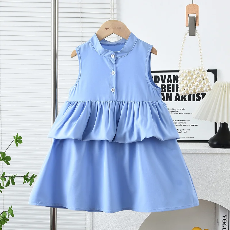 

Summer Blue Sleeveless Spliced Princess Dress Sweet Cute Girls Dress Solid Color Casual Children's Clothing