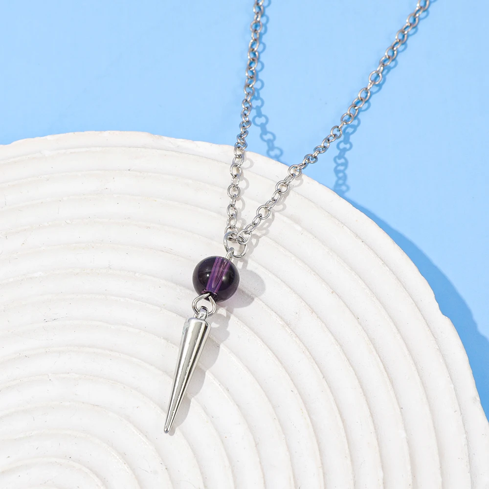 Purple Round Bead Cone Spike Pendant Necklace Tapered Charm Necklace Minimalist Aesthetic Statement Jewelry for Women