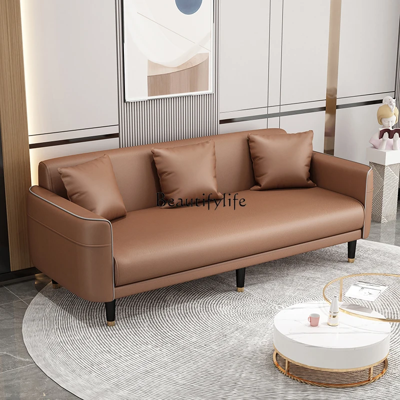 Modern Minimalist Living Room Sofa Faux Leather Fabric Double Three-Seat Straight Row Latex