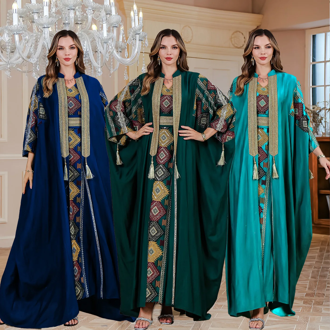 

INS Muslim Embroidered Robe Abaya Light Luxury Evening Dress Two Piece Set Dress