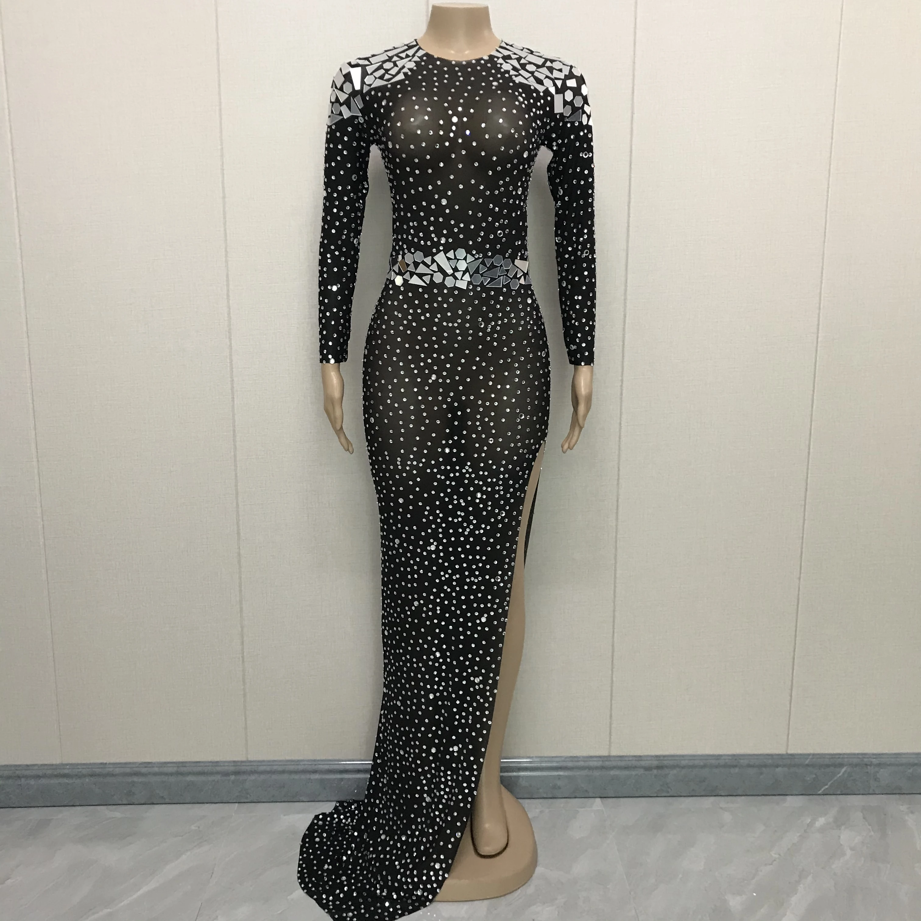 Shining Silver Rhinestone Black Mesh Transparent Evening Long Sleeves Mirrors Dress Evening Birthday Celebrate Costume Outfit