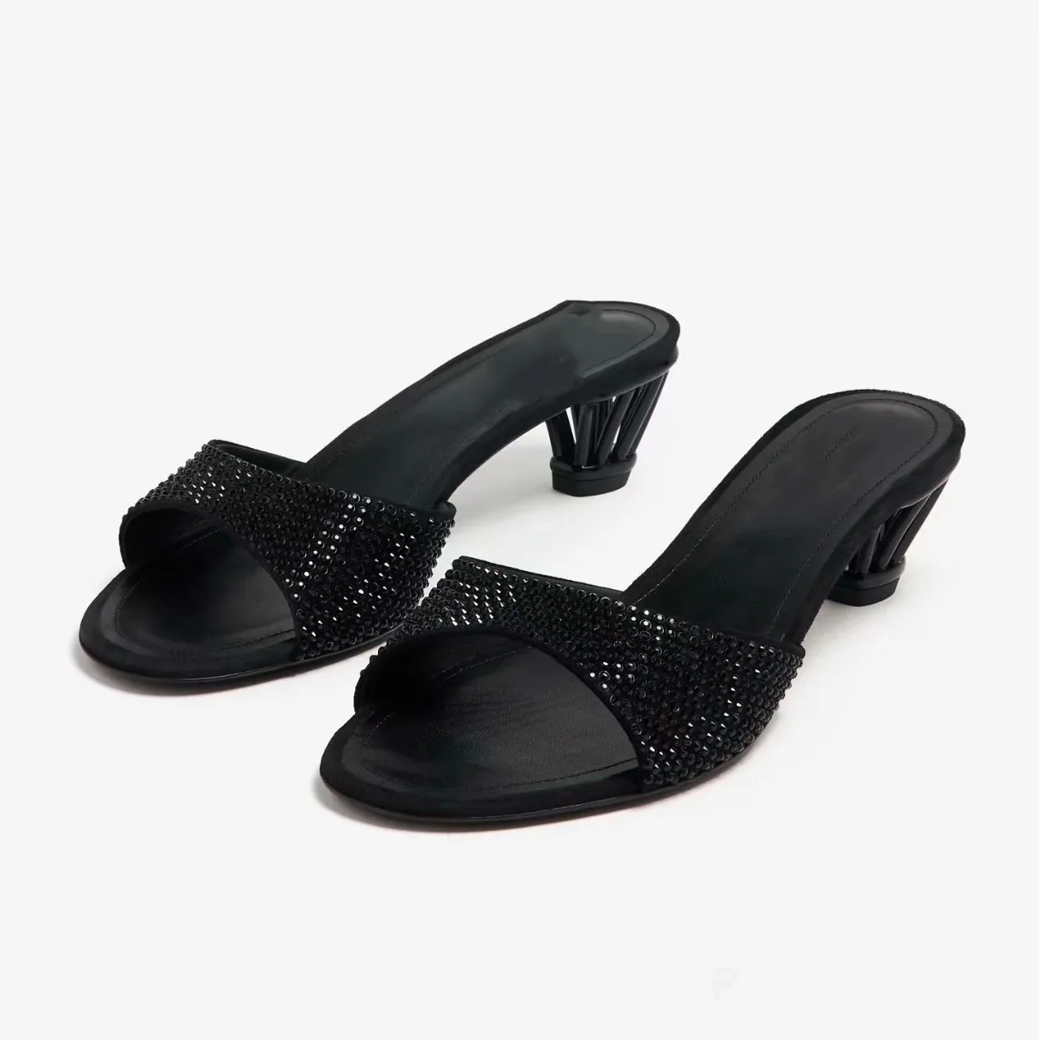 

Hollow Shaped Heel Rhinestone Slippers Black Open Toe Slippers Sexy Mid Thick Heel Sandals Sandalias Mujer Verano