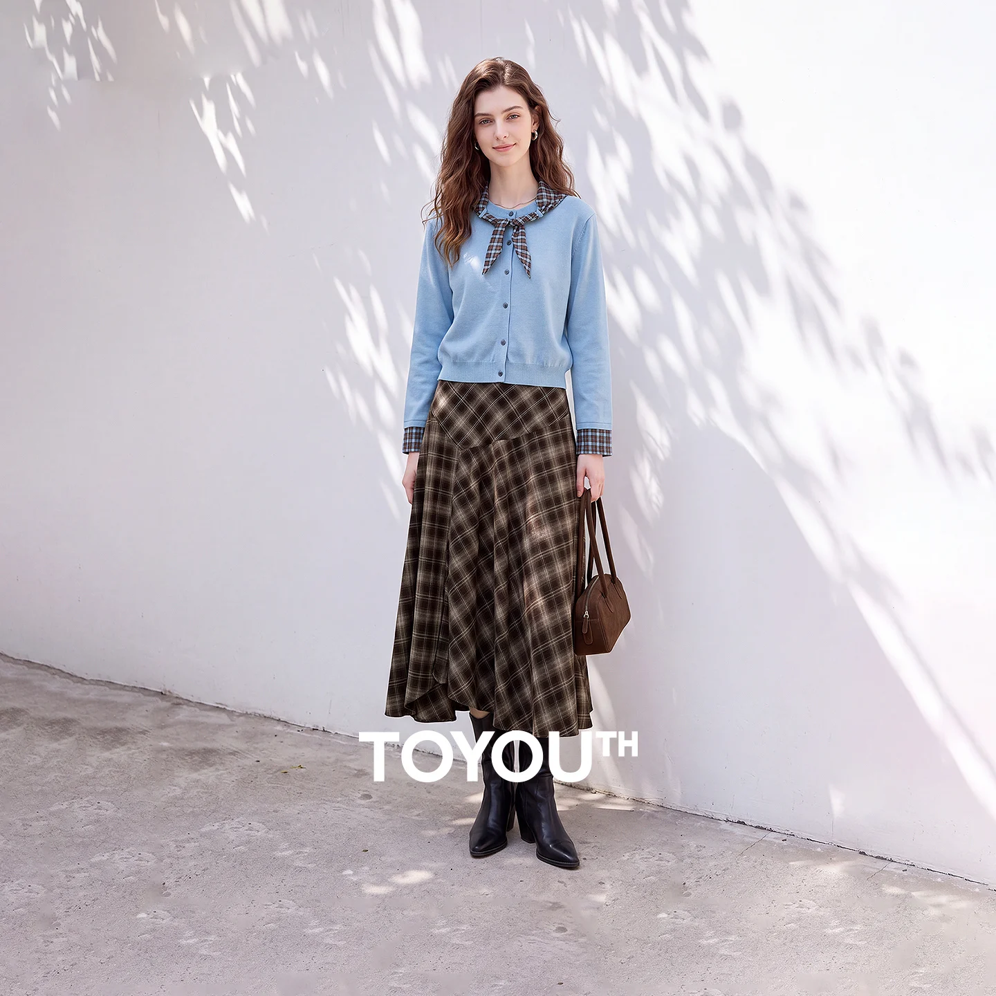 TOYOUTH Women Two Piece Set 2026 Autumn New Detachable Plaid Collar Asymmetric Plaid Skirt Knit Cardigan Outfit