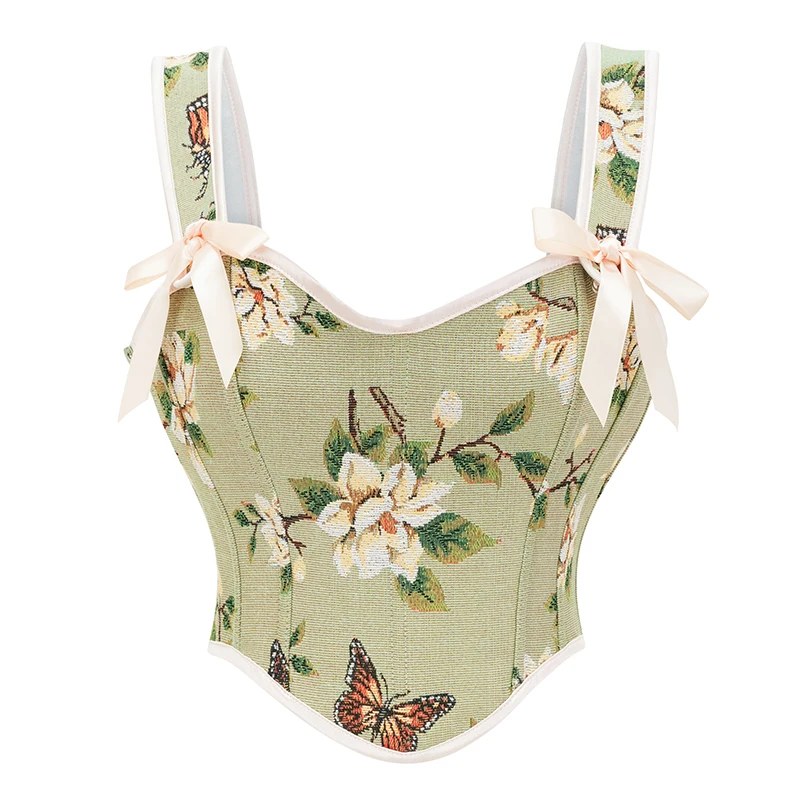 Green Floral Print & Bows Sexy Overbust Spaghetti Strap Corset Top Women Elegant Vintage Bustiers & Espartilhos Gothic Clothing