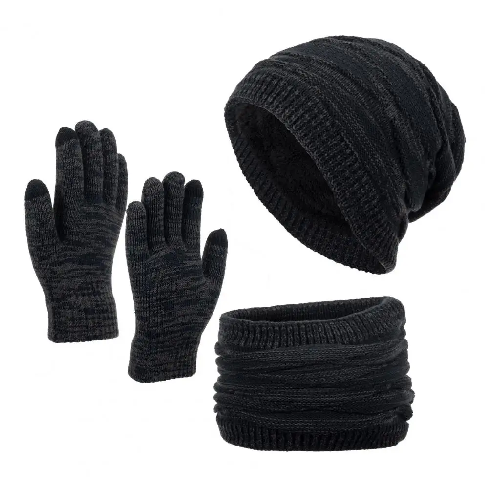 Beanie Hat Gloves Scarf 1 Set Popular Solid Color Skin-touch  Stretchy Full Finger Gloves Cap Scarf for Winter Sports