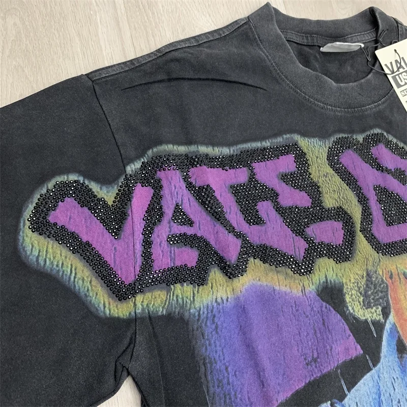 تي شيرت Black Wash VALLEY بأكمام قصيرة كبيرة الحجم من القطن الخالص الأمريكي العتيق