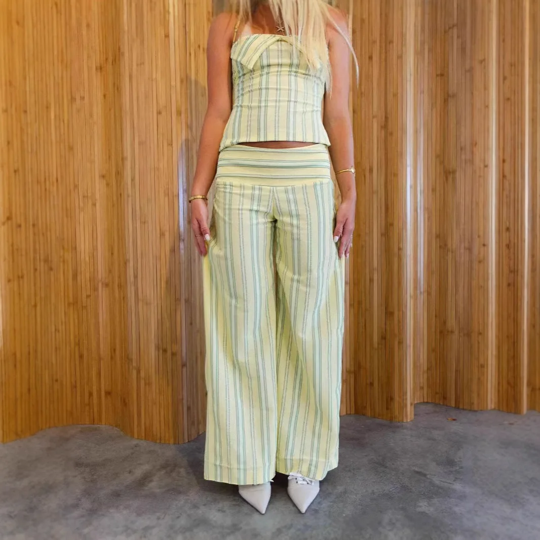 

Fashion Stripe Print Pants Sets Women Slim Halter Neck Backless T Shirt Top Trousers Two Piece Set Fashion Y2k Streetwear Female