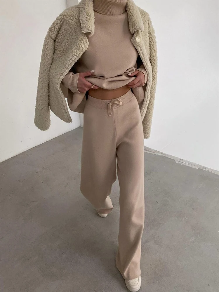 Autumn Fashion Turtleneck Long Sleeved Pullover Top+Wide Leg Pants Suit Elegant Fleece Outfits Women Casual Winter Two Piece Set